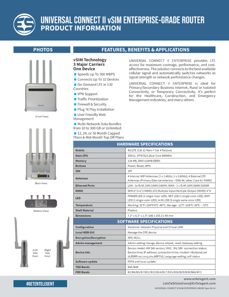 Universal Connect II vSIM Enterprise-Grade Router Spec