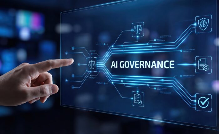 Enterprise AI security and governance dashboard illustrating secure AI adoption, risk management, and compliance controls