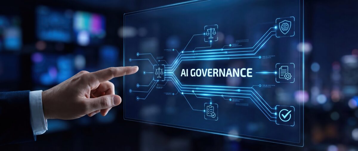 Enterprise AI security and governance dashboard illustrating secure AI adoption, risk management, and compliance controls