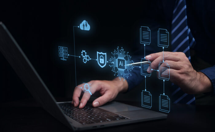 AI security and data protection concept showing a business professional managing artificial intelligence systems, document security, and cybersecurity controls.