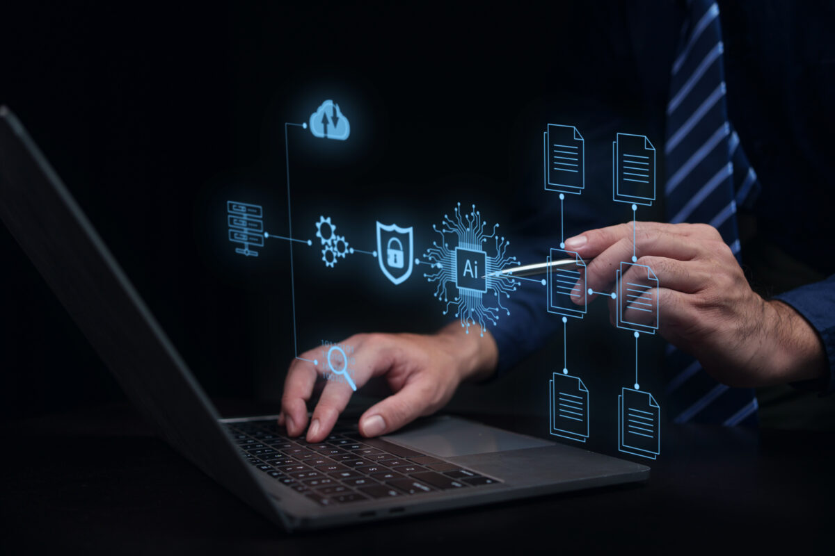 AI security and data protection concept showing a business professional managing artificial intelligence systems, document security, and cybersecurity controls.