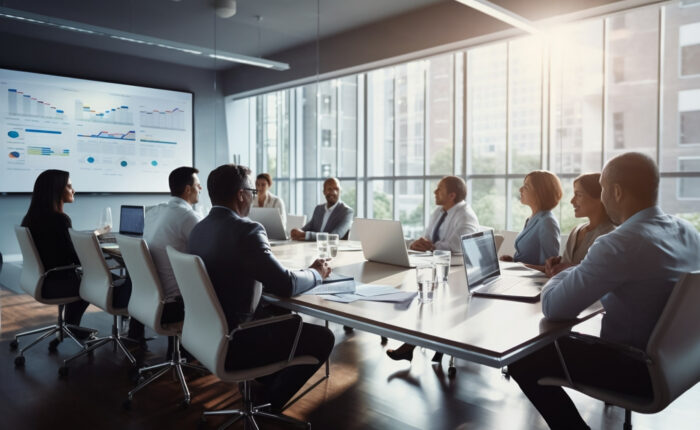 Business leaders discussing technology strategy and data during an executive meeting