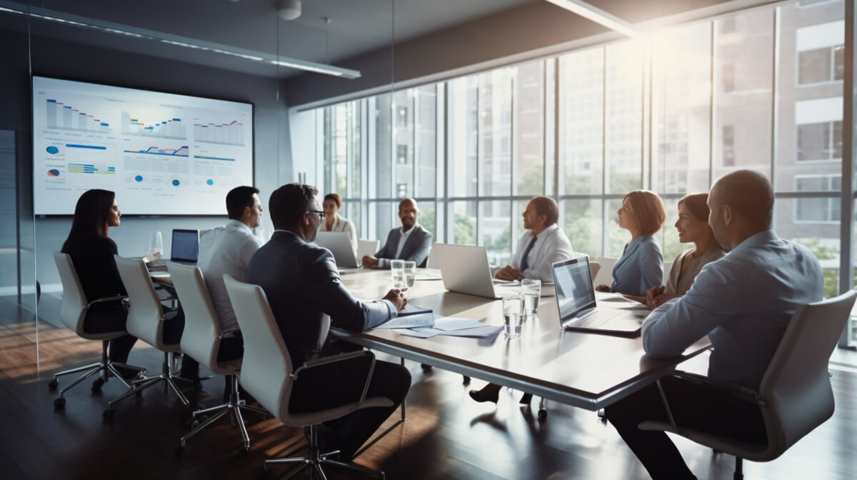 Business leaders discussing technology strategy and data during an executive meeting