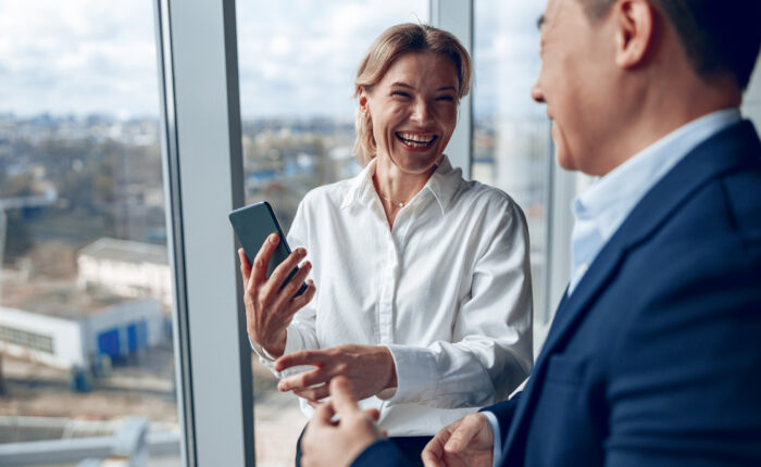 Business professionals having a one-on-one conversation